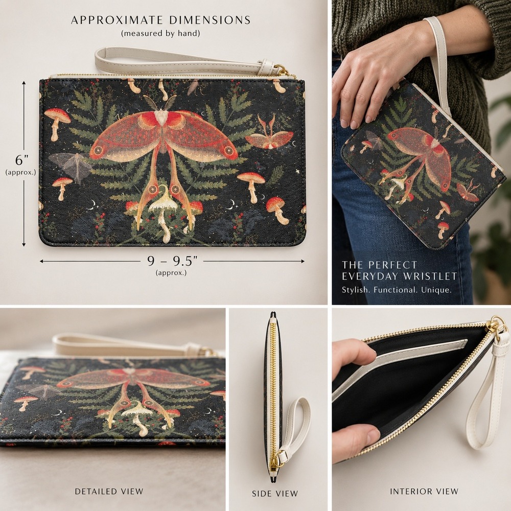 Artist Designed Moth Mushroom Wristlet OS Black Botanical Pouch
